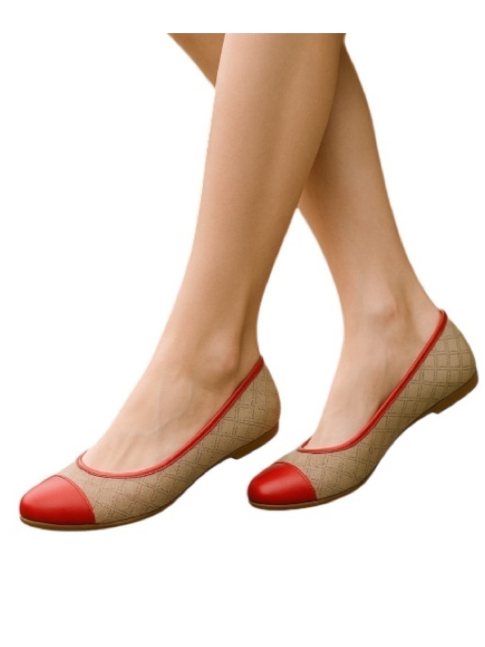 FOSSIL 2 Tone Leather Ballet Flats Coral Red Taupe  Grey Cap Toe Perforated 9